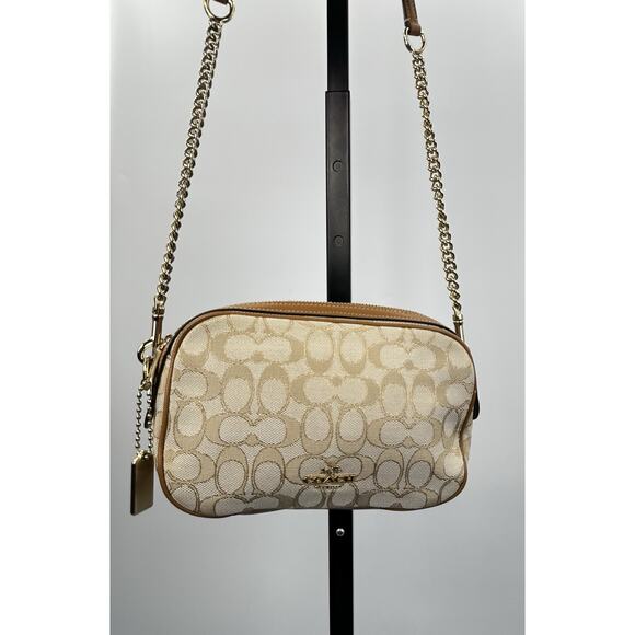 Coach Signature Canvas Camera Bag Crossbody Chain Strap Tan Leather - Picture 7 of 10